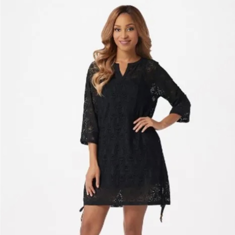 Denim & Co. Beach/Pool Cover Up Dress - Black knit lace - 3/4 sleeves - Size S